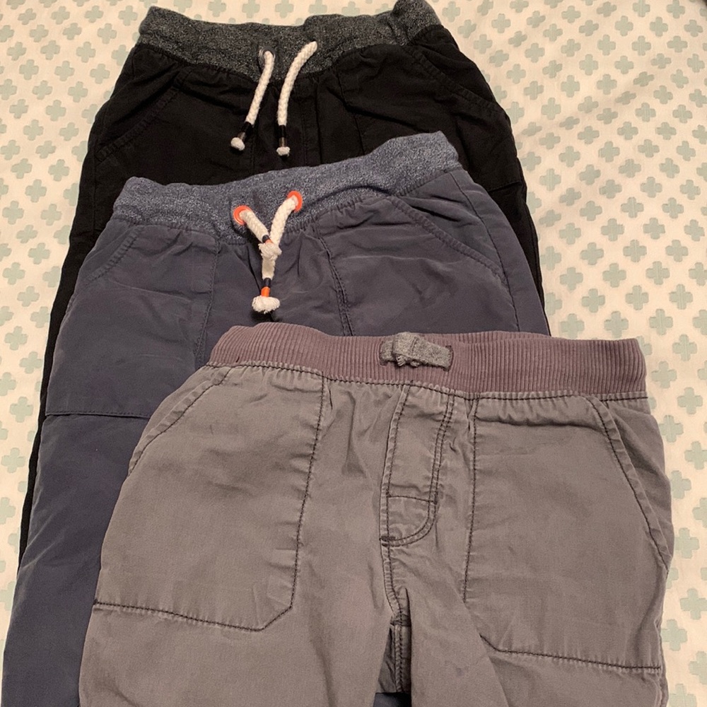 Bundle of 3T pants: 2 Cat & Jack lined in grayish blue and black, 1 Carters grey